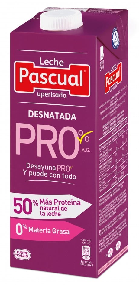 Leche Pascual Desnatada 0% PRO con un 50% más de proteína natural